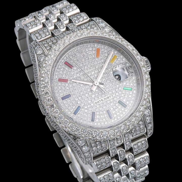 Rolex Datejust Rainbow Stick Markers Dial Diamond Bezel Jubilee Bracelet Iced Out Moissanite Watch Close Up Dial View