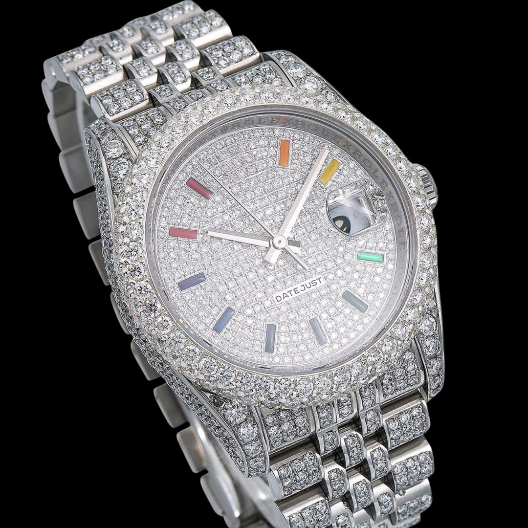 Rolex Datejust Rainbow Stick Markers Dial Diamond Bezel Jubilee Bracelet Iced Out Moissanite Watch Close Up Dial View