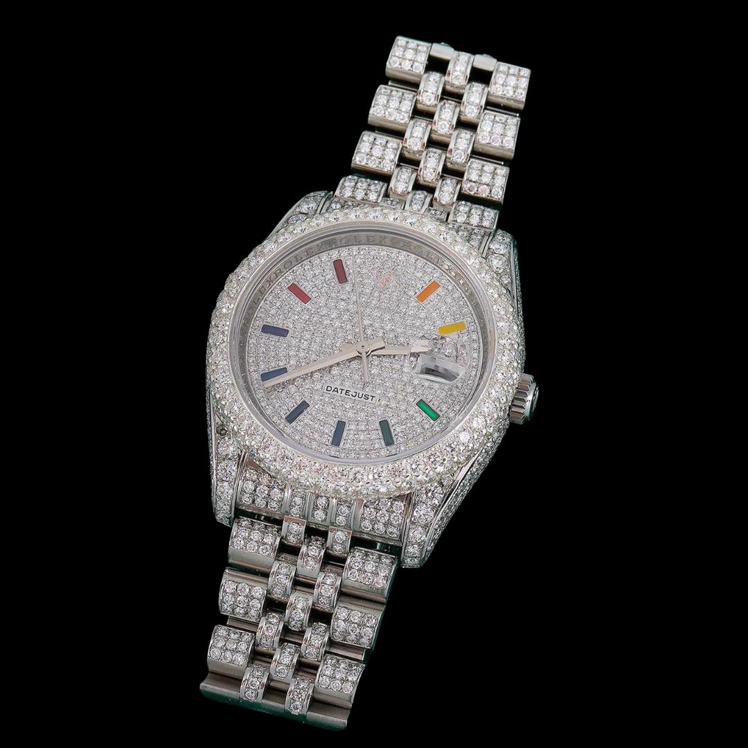 Rolex Datejust Rainbow Stick Markers Dial Diamond Bezel Jubilee Bracelet Iced Out Moissanite Watch Close Up Front View