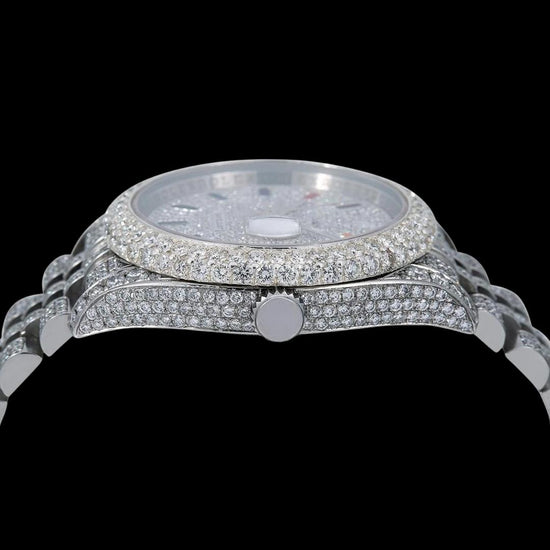 Rolex Datejust Rainbow Stick Markers Dial Diamond Bezel Jubilee Bracelet Iced Out Moissanite Watch Crown View