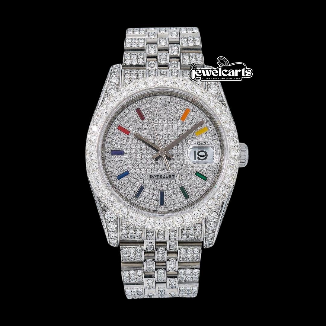 Rolex Datejust Rainbow Stick Markers Dial Diamond Bezel Jubilee Bracelet Iced Out Moissanite Watch Front View