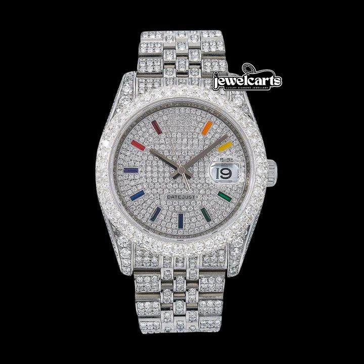 Rolex Datejust Rainbow Stick Markers Dial Diamond Bezel Jubilee Bracelet Iced Out Moissanite Watch Front View