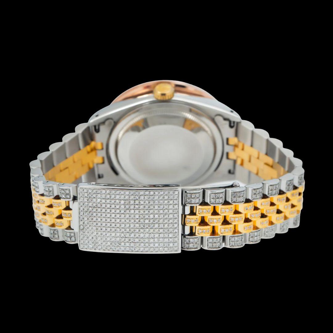 Rolex Datejust Rainbow Stick Markers Dial Rainbow Bezel Two Tone Yellow Gold Iced Out Moissanite Watch Caseback View
