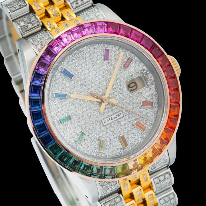 Rolex Datejust Rainbow Stick Markers Dial Rainbow Bezel Two Tone Yellow Gold Iced Out Moissanite Watch Close Up Dial View