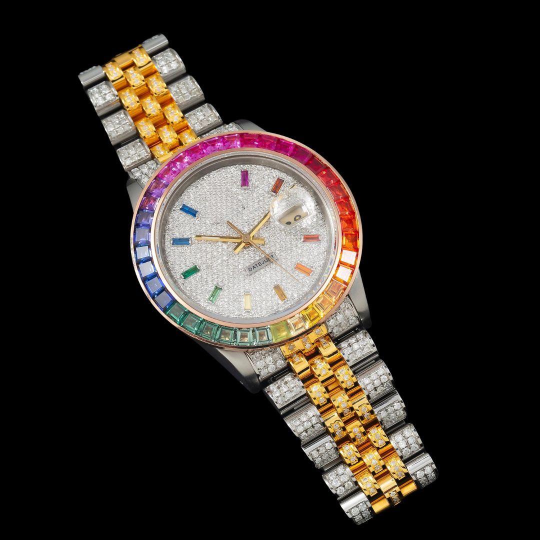 Rolex Datejust Rainbow Stick Markers Dial Rainbow Bezel Two Tone Yellow Gold Iced Out Moissanite Watch Close Up Front View