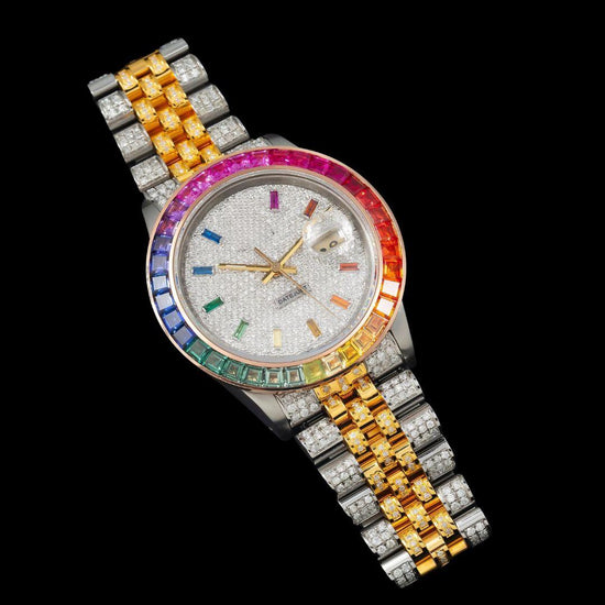 Rolex Datejust Rainbow Stick Markers Dial Rainbow Bezel Two Tone Yellow Gold Iced Out Moissanite Watch Close Up Front View