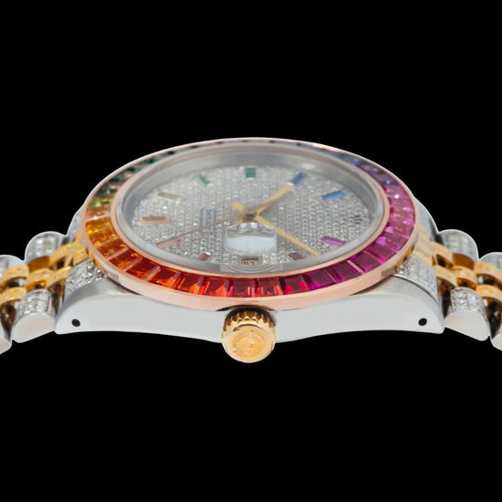 Rolex Datejust Rainbow Stick Markers Dial Rainbow Bezel Two Tone Yellow Gold Iced Out Moissanite Watch Crown View