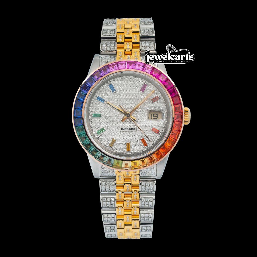 Rolex Datejust Rainbow Stick Markers Dial Rainbow Bezel Two Tone Yellow Gold Iced Out Moissanite Watch Front View