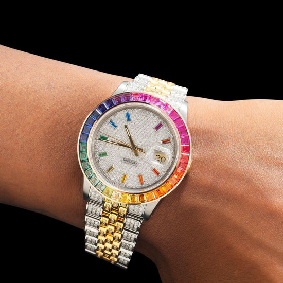 Rolex Datejust Rainbow Stick Markers Dial Rainbow Bezel Two Tone Yellow Gold Iced Out Moissanite Watch On Wrist View