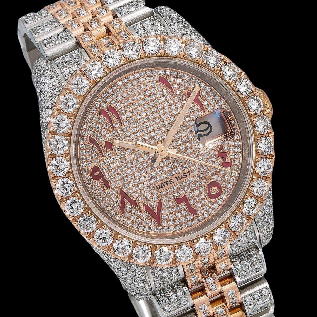 Rolex Datejust Red Arabic Numerals Diamond Paved Rose Gold Dial Two Tone Jubilee Strap Moissanite Watch Close Up Dial View