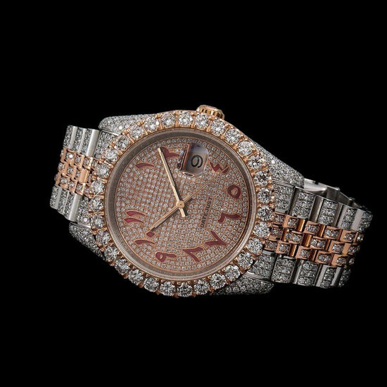 Rolex Datejust Red Arabic Numerals Diamond Paved Rose Gold Dial Two Tone Jubilee Strap Moissanite Watch Close Up Front View