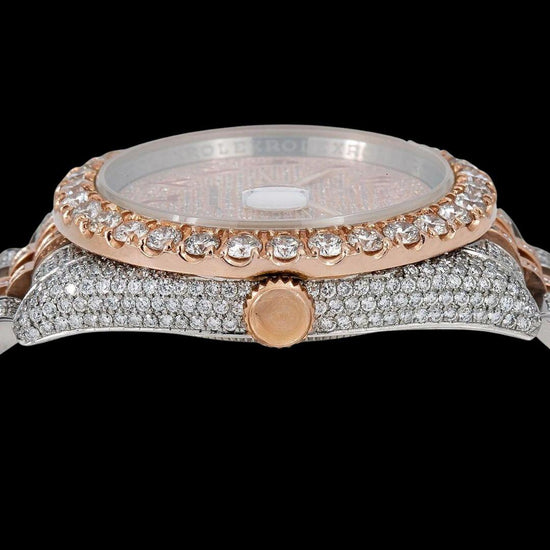 Rolex Datejust Red Arabic Numerals Diamond Paved Rose Gold Dial Two Tone Jubilee Strap Moissanite Watch Crown View