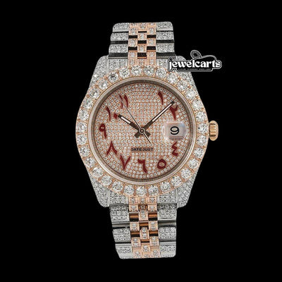 Rolex Datejust Red Arabic Numerals Diamond Paved Rose Gold Dial Two Tone Jubilee Strap Moissanite Watch