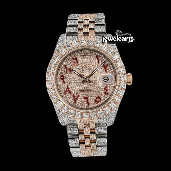 Rolex Datejust Red Arabic Numerals Diamond Paved Rose Gold Dial Two Tone Jubilee Strap Moissanite Watch Front View