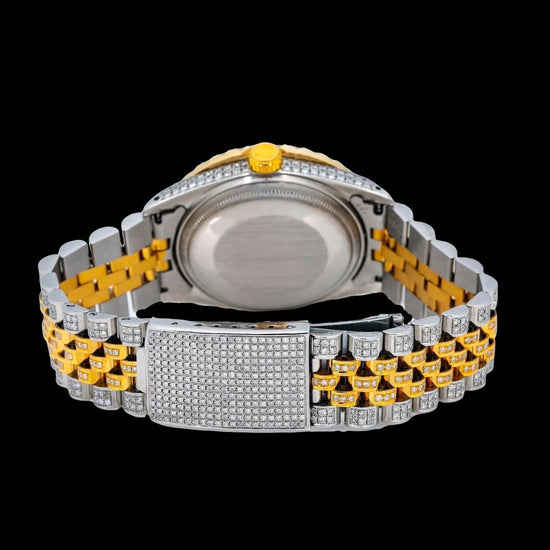 Rolex Datejust Red Dial Diamond Arabic Numerals Two Tone Yellow Gold Jubilee Bracelet Iced Out Moissanite Watch Caseback View