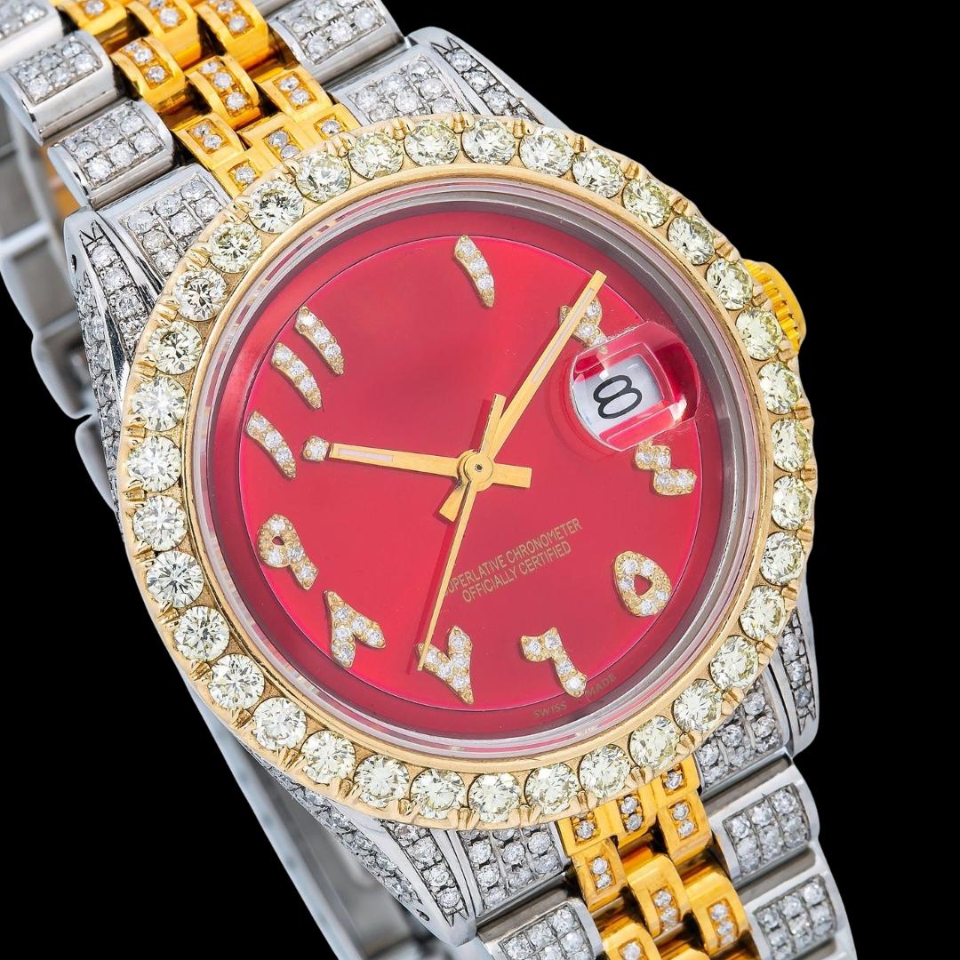 Rolex Datejust Red Dial Diamond Arabic Numerals Two Tone Yellow Gold Jubilee Bracelet Iced Out Moissanite Watch Close Up Dial View