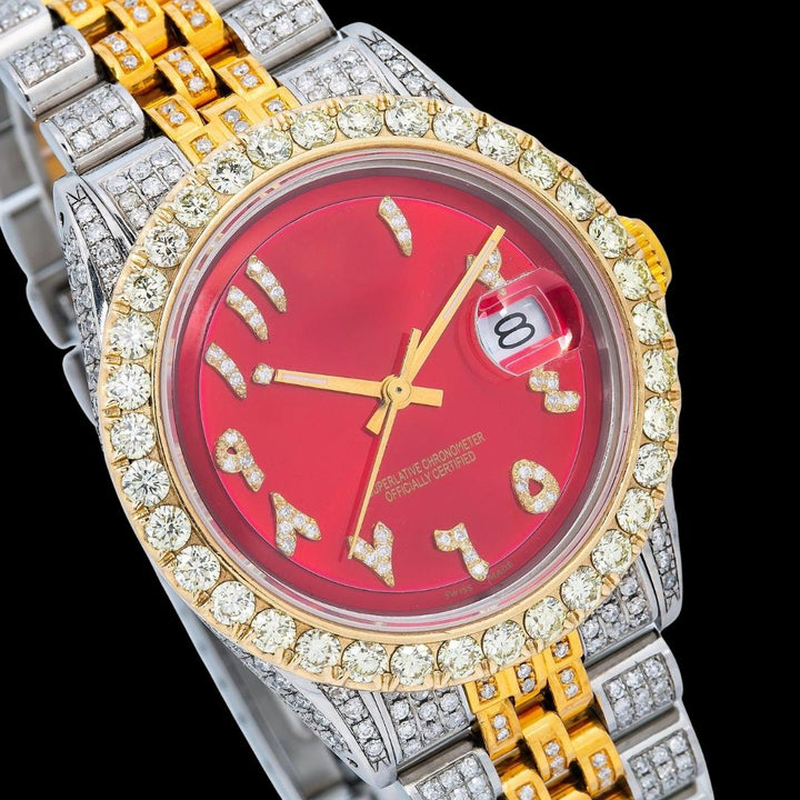 Rolex Datejust Red Dial Diamond Arabic Numerals Two Tone Yellow Gold Jubilee Bracelet Iced Out Moissanite Watch Close Up Dial View