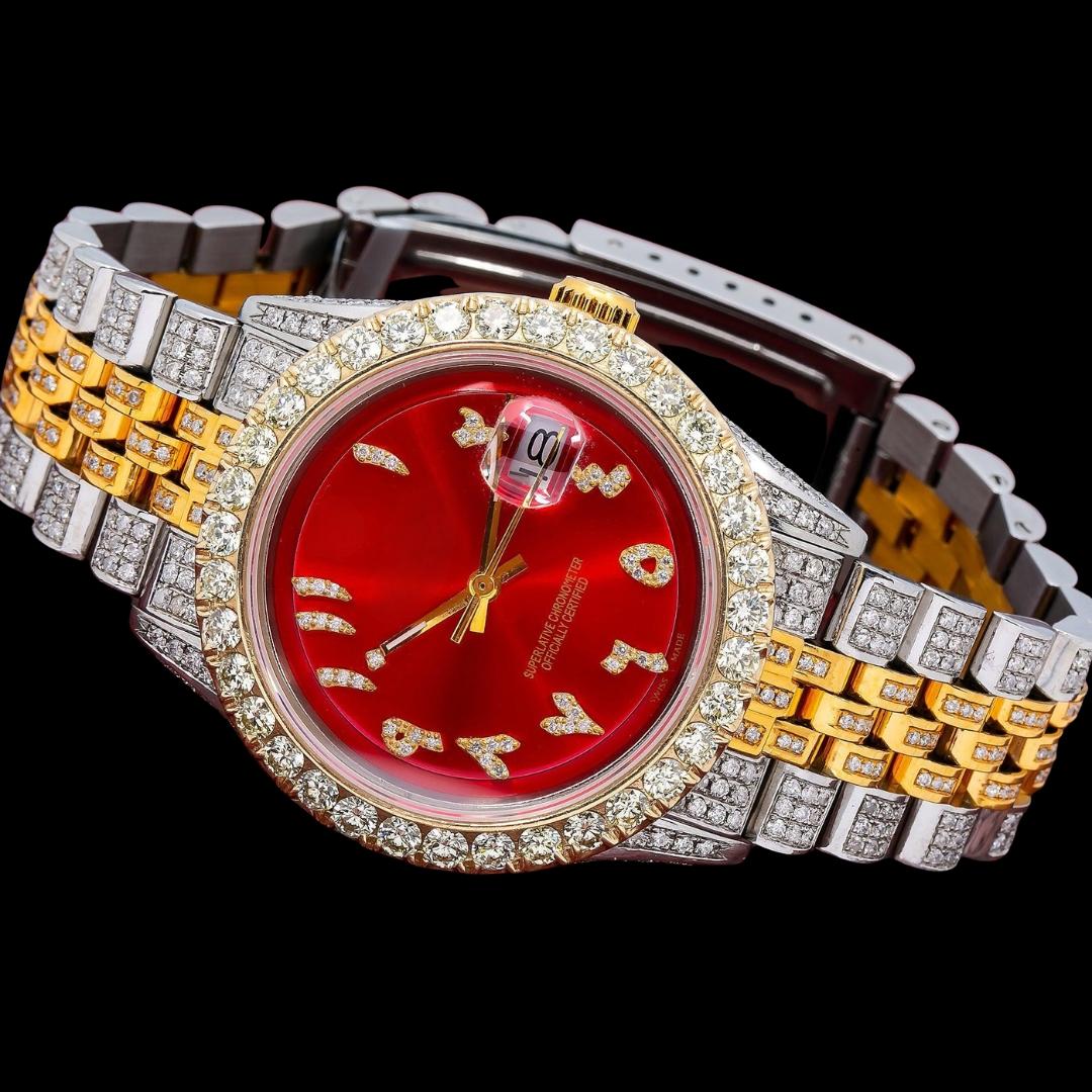 Rolex Datejust Red Dial Diamond Arabic Numerals Two Tone Yellow Gold Jubilee Bracelet Iced Out Moissanite Watch Close Up Front View