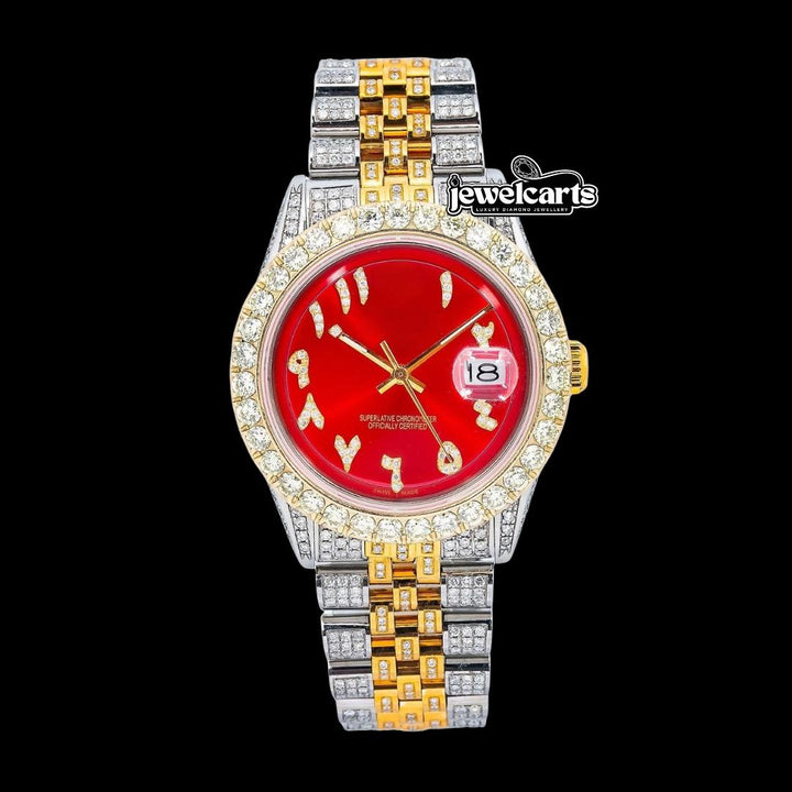 Rolex Datejust Red Dial Diamond Arabic Numerals Two Tone Yellow Gold Jubilee Bracelet Iced Out Moissanite Watch Front View