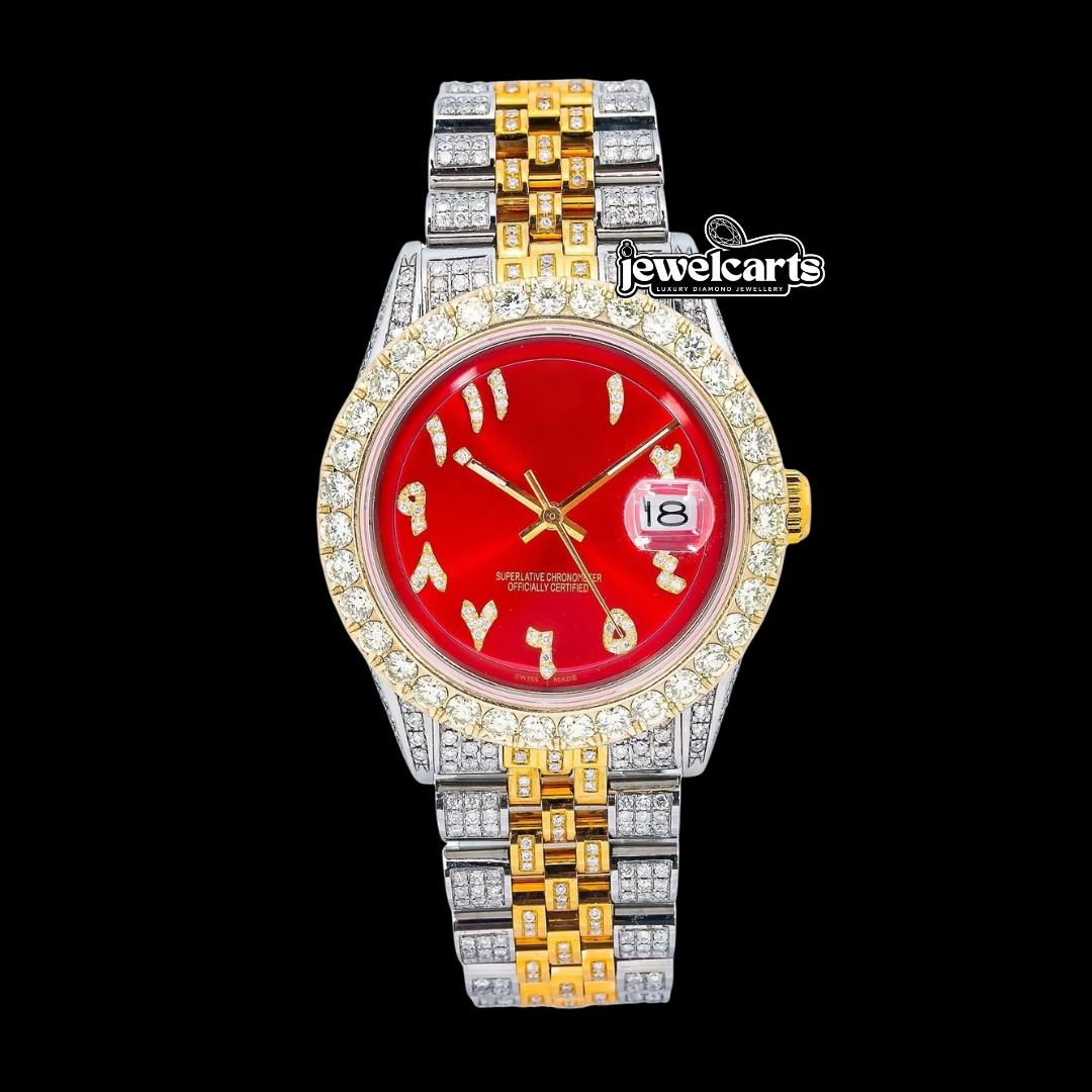 Rolex Datejust Red Dial Diamond Arabic Numerals Two Tone Yellow Gold Jubilee Bracelet Iced Out Moissanite Watch Front View