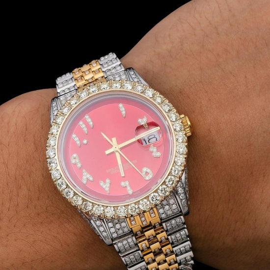 Rolex Datejust Red Dial Diamond Arabic Numerals Two Tone Yellow Gold Jubilee Bracelet Iced Out Moissanite Watch On Wrist View