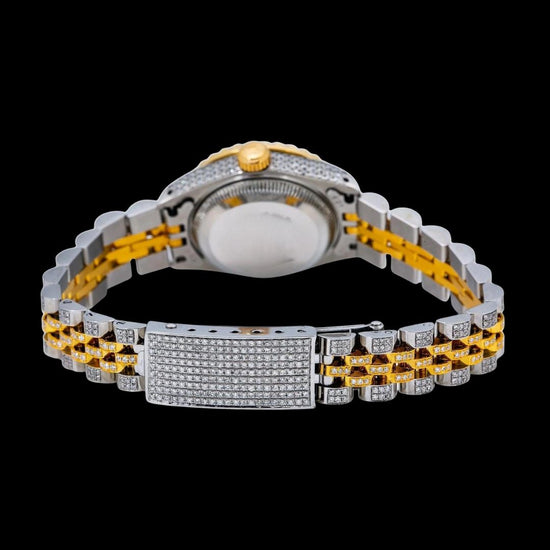 Rolex Datejust Red Dial Diamond Markers Jubilee Bracelet Two Tone Yellow Gold Iced Out Moissanite Watch for Women Caseback View
