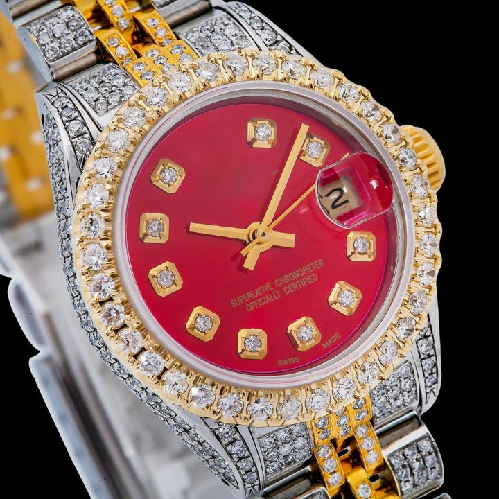 Rolex Datejust Red Dial Diamond Markers Jubilee Bracelet Two Tone Yellow Gold Iced Out Moissanite Watch for Women Close Up Dial View