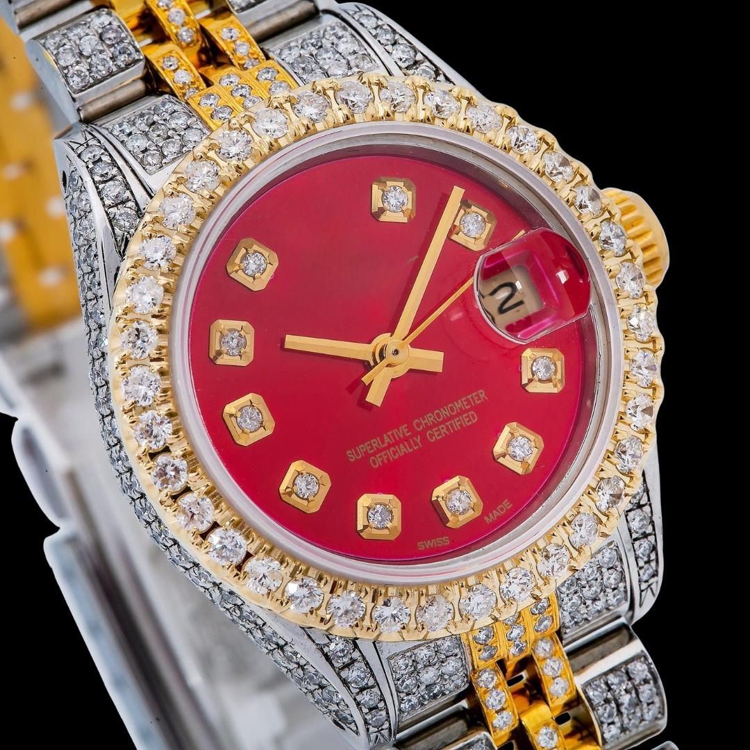 Rolex Datejust Red Dial Diamond Markers Jubilee Bracelet Two Tone Yellow Gold Iced Out Moissanite Watch for Women Close Up Dial View