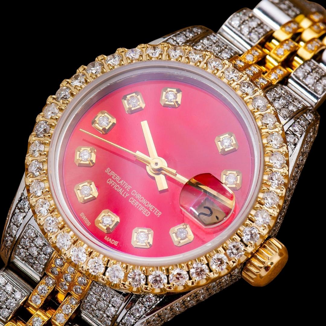 Rolex Datejust Red Dial Diamond Markers Jubilee Bracelet Two Tone Yellow Gold Iced Out Moissanite Watch for Women Close Up Diamond Markers View