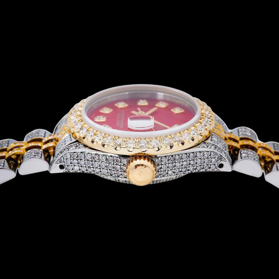 Rolex Datejust Red Dial Diamond Markers Jubilee Bracelet Two Tone Yellow Gold Iced Out Moissanite Watch for Women Crown View