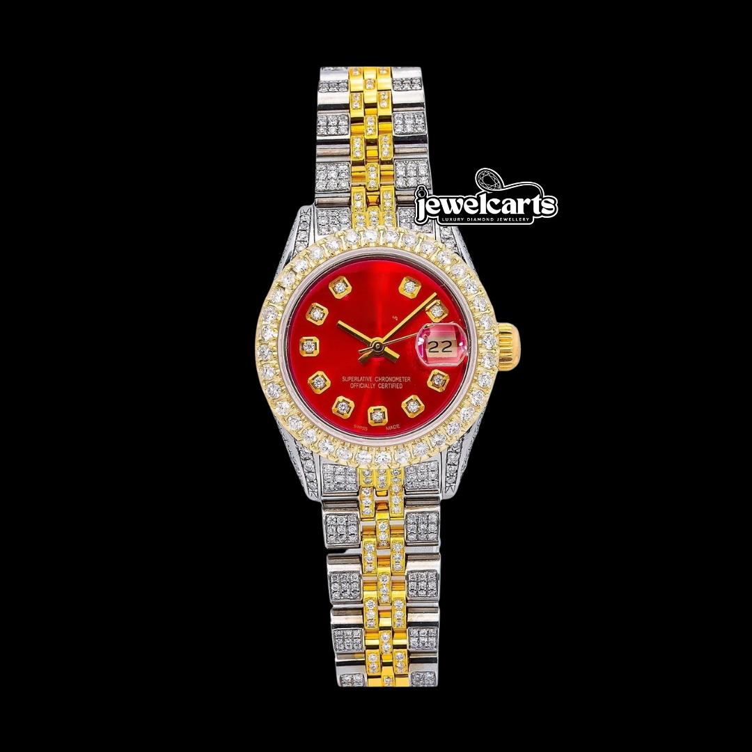 Rolex Datejust Red Dial Diamond Markers Jubilee Bracelet Two Tone Yellow Gold Iced Out Moissanite Watch for Women Front View