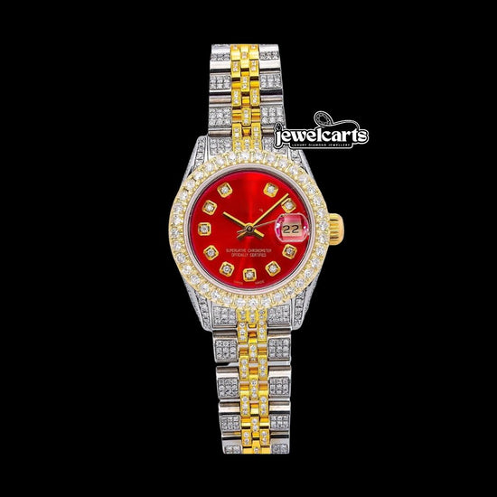 Rolex Datejust Red Dial Diamond Markers Jubilee Bracelet Two Tone Yellow Gold Iced Out Moissanite Watch for Women Front View