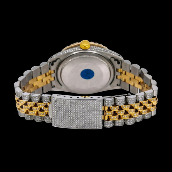 Rolex Datejust Red Dial Yellow Gold Diamond Roman Numerals Two Tone Jubilee Bracelet Iced Out Moissanite Watch Caseback View