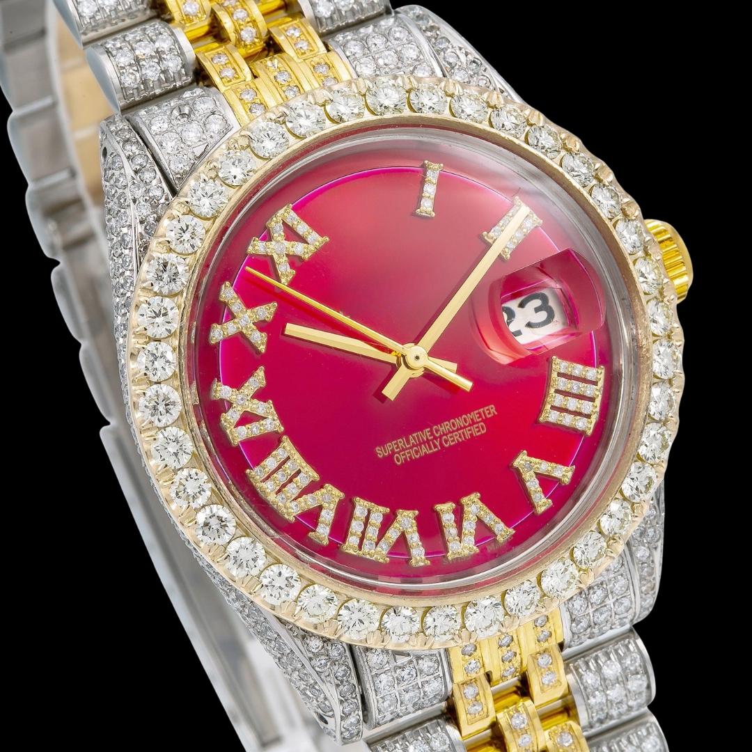 Rolex Datejust Red Dial Yellow Gold Diamond Roman Numerals Two Tone Jubilee Bracelet Iced Out Moissanite Watch Close Up Dial View