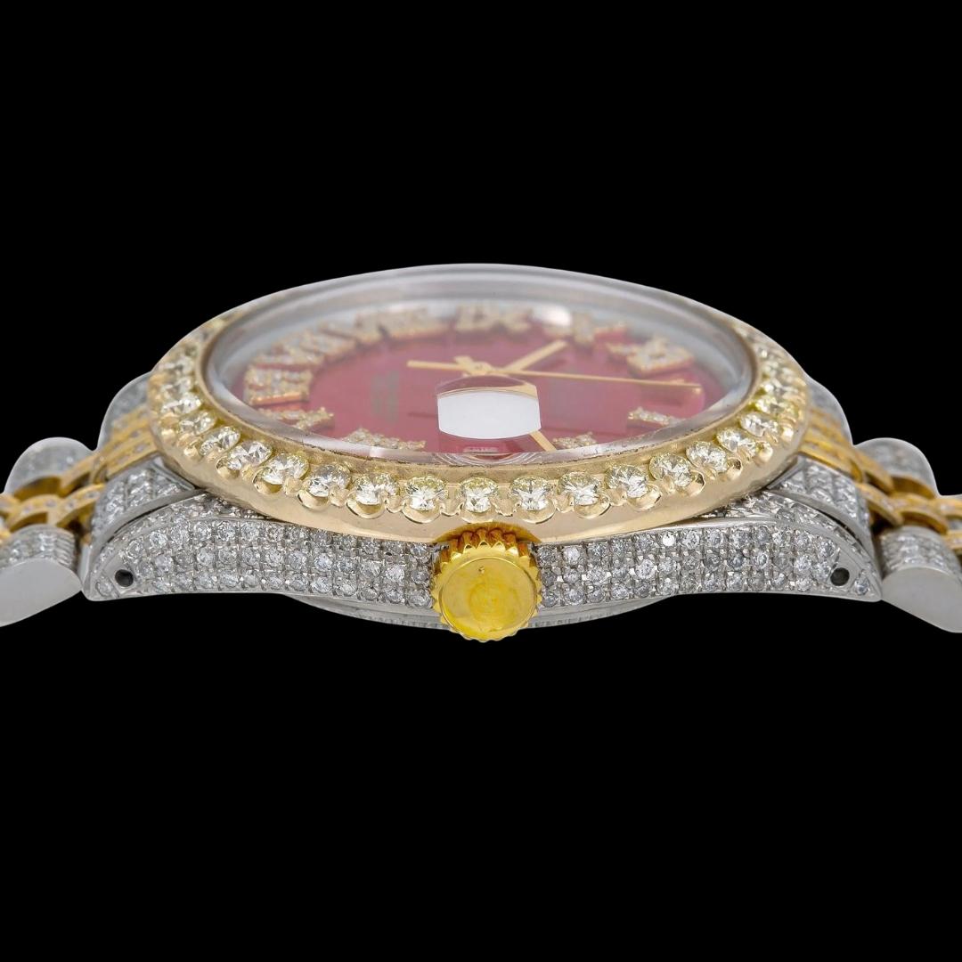 Rolex Datejust Red Dial Yellow Gold Diamond Roman Numerals Two Tone Jubilee Bracelet Iced Out Moissanite Watch Crown View