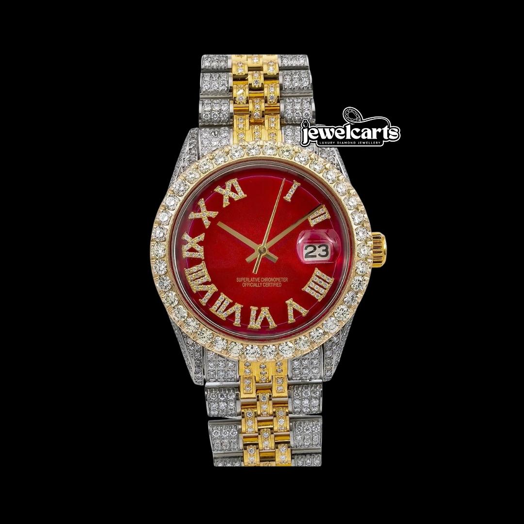 Rolex Datejust Red Dial Yellow Gold Diamond Roman Numerals Two Tone Jubilee Bracelet Iced Out Moissanite Watch Front View