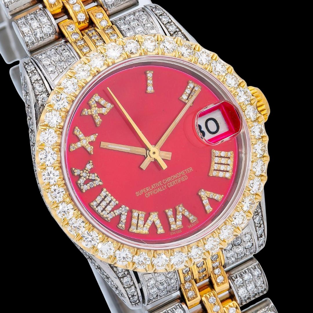 Rolex Datejust Red Diamond Roman Dial Two Tone Iced Out Yellow Gold Moissanite Watch for Women Close Up Dial View