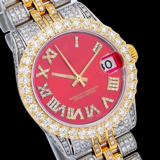 Rolex Datejust Red Diamond Roman Dial Two Tone Iced Out Yellow Gold Moissanite Watch for Women Close Up Dial View