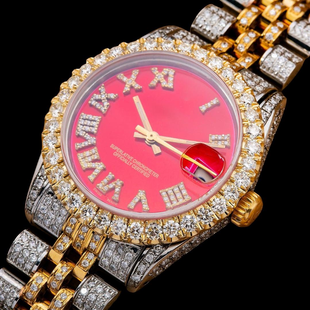 Rolex Datejust Red Diamond Roman Dial Two Tone Iced Out Yellow Gold Moissanite Watch for Women Close Up Front View