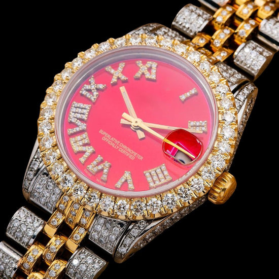 Rolex Datejust Red Diamond Roman Dial Two Tone Iced Out Yellow Gold Moissanite Watch for Women Close Up Front View