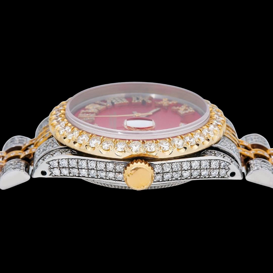 Rolex Datejust Red Diamond Roman Dial Two Tone Iced Out Yellow Gold Moissanite Watch for Women Crown View