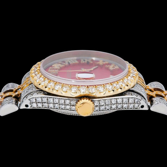 Rolex Datejust Red Diamond Roman Dial Two Tone Iced Out Yellow Gold Moissanite Watch for Women Crown View