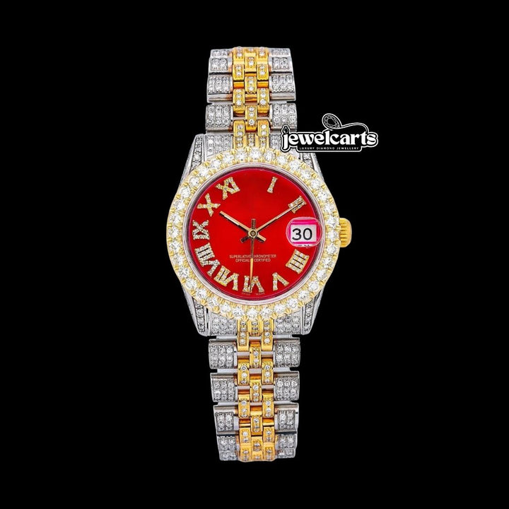 Rolex Datejust Red Diamond Roman Dial Two Tone Iced Out Yellow Gold Moissanite Watch for Women Front View