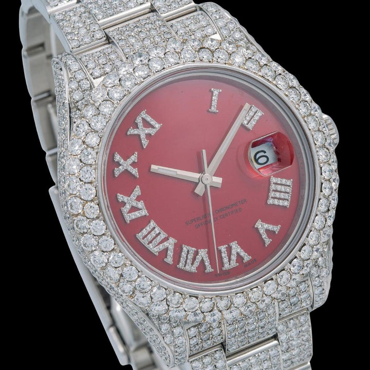 Rolex Datejust Red Roman Diamond Dial Diamond Bezel Fully Iced Out Oyster Bracelet Moissanite Watch Close Up Dial View
