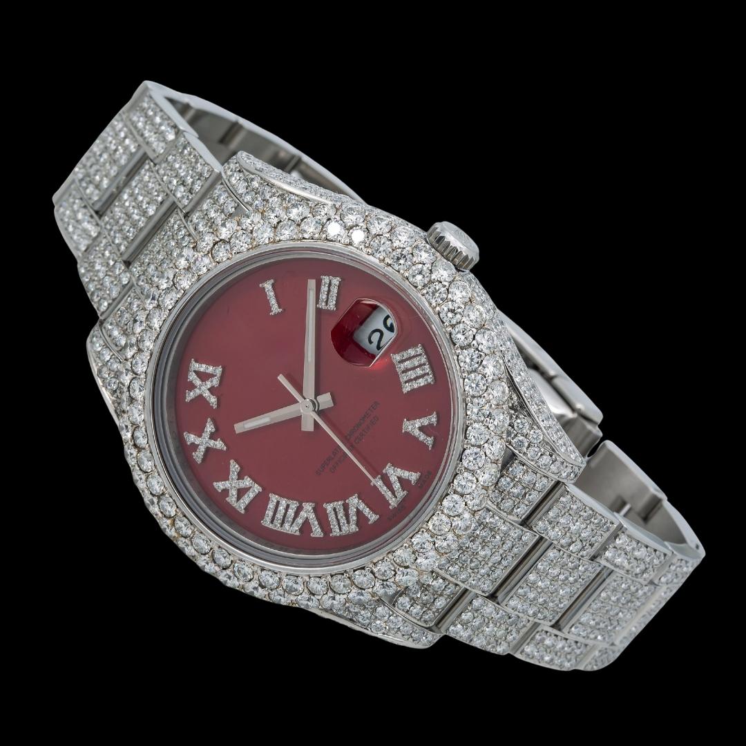 Rolex Datejust Red Roman Diamond Dial Diamond Bezel Fully Iced Out Oyster Bracelet Moissanite Watch Close Up Front View
