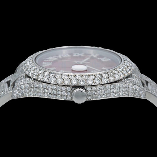 Rolex Datejust Red Roman Diamond Dial Diamond Bezel Fully Iced Out Oyster Bracelet Moissanite Watch Crown View