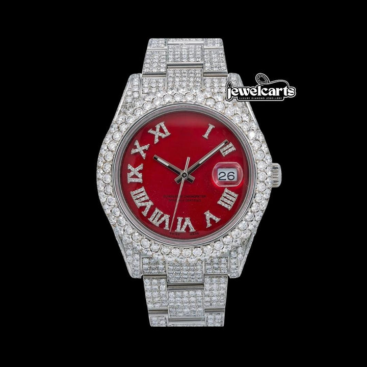 Rolex Datejust Red Roman Diamond Dial Diamond Bezel Fully Iced Out Oyster Bracelet Moissanite Watch Front View