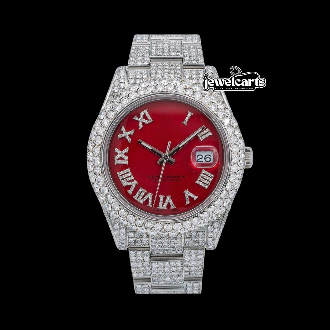Rolex Datejust Red Roman Diamond Dial Diamond Bezel Fully Iced Out Oyster Bracelet Moissanite Watch Front View