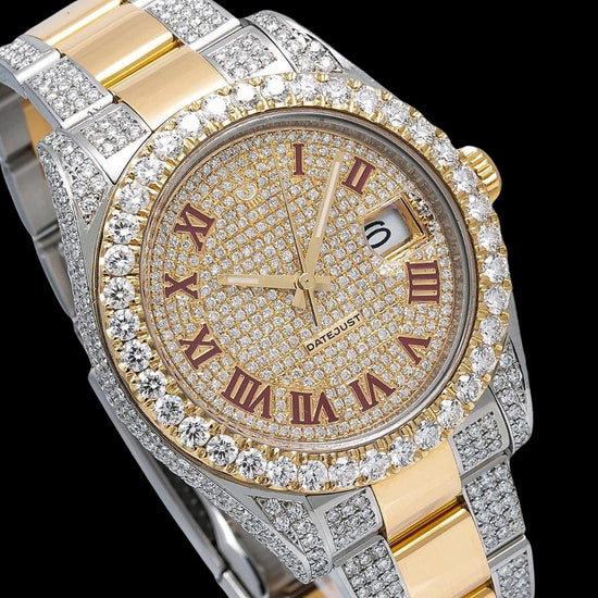Rolex Datejust Red Roman Numerals Diamond Bezel Two Tone Oyster Bracelet Yellow God Moissanite Watch Close Up Dial View