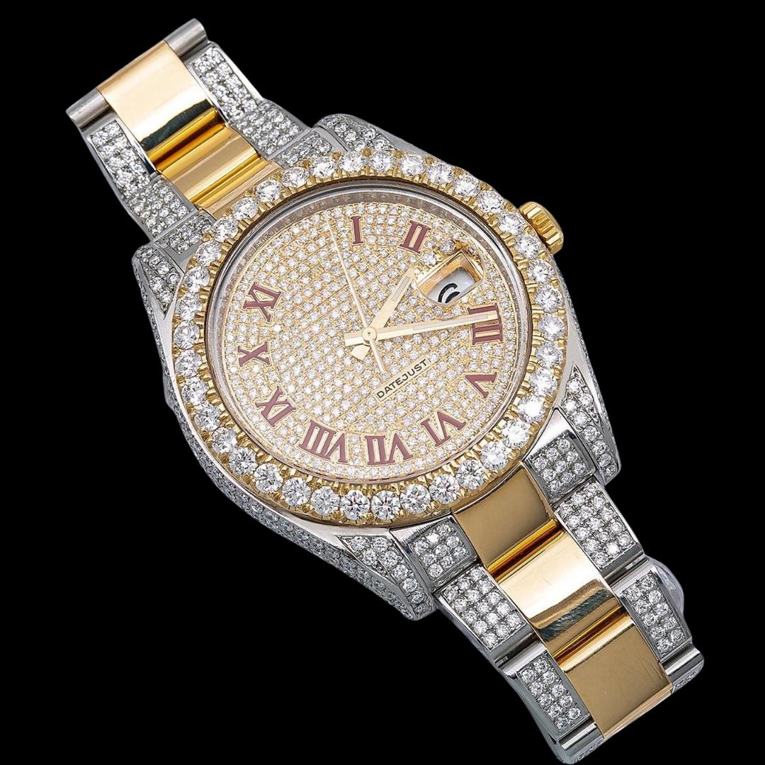 Rolex Datejust Red Roman Numerals Diamond Bezel Two Tone Oyster Bracelet Yellow God Moissanite Watch Close Up Front View
